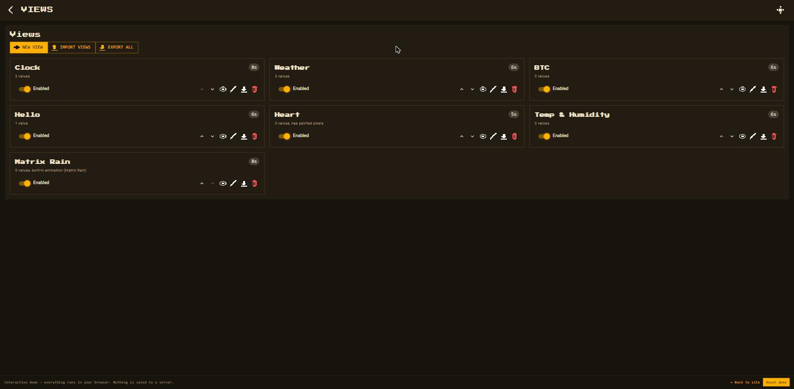 The Views list screen, configured entirely from the device's own web page